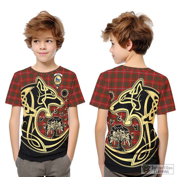 Bruce Tartan Kid T-Shirt with Family Crest Celtic Wolf Style