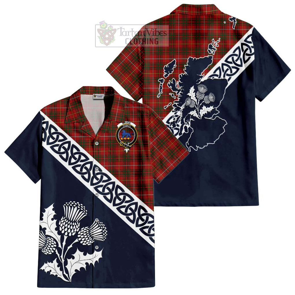 Tartan Vibes Clothing Bruce Tartan Short Sleeve Button Shirt Featuring Thistle and Scotland Map