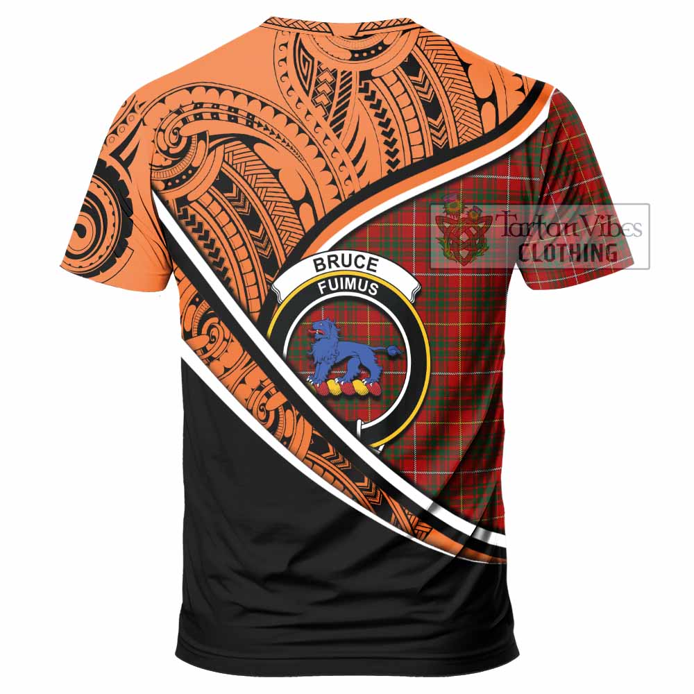 Tartan Vibes Clothing Bruce Crest Tartan T-Shirt with Maori Tattoo Style - Orange Version