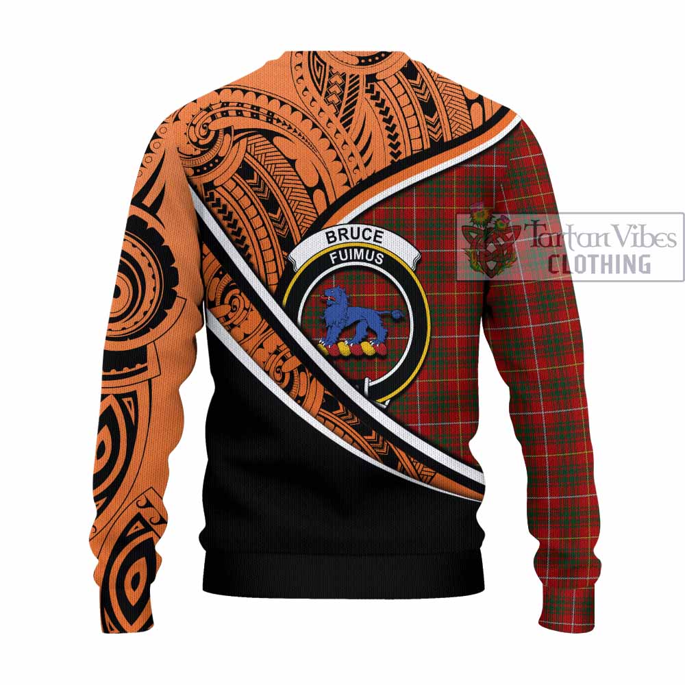 Tartan Vibes Clothing Bruce Crest Tartan Knitted Sweater with Maori Tattoo Style - Orange Version