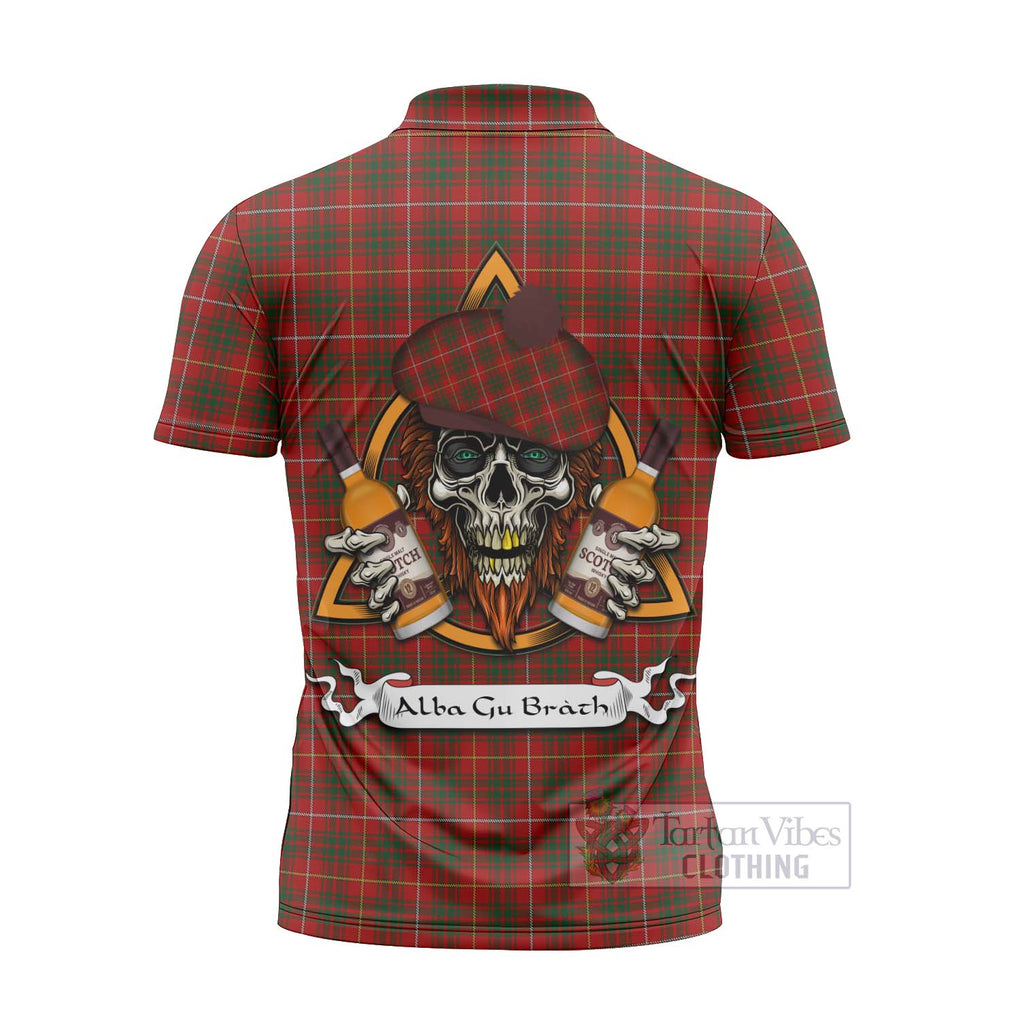 Tartan Vibes Clothing Bruce Tartan Zipper Polo Shirt with Family Crest and Bearded Skull Holding Bottles of Whiskey