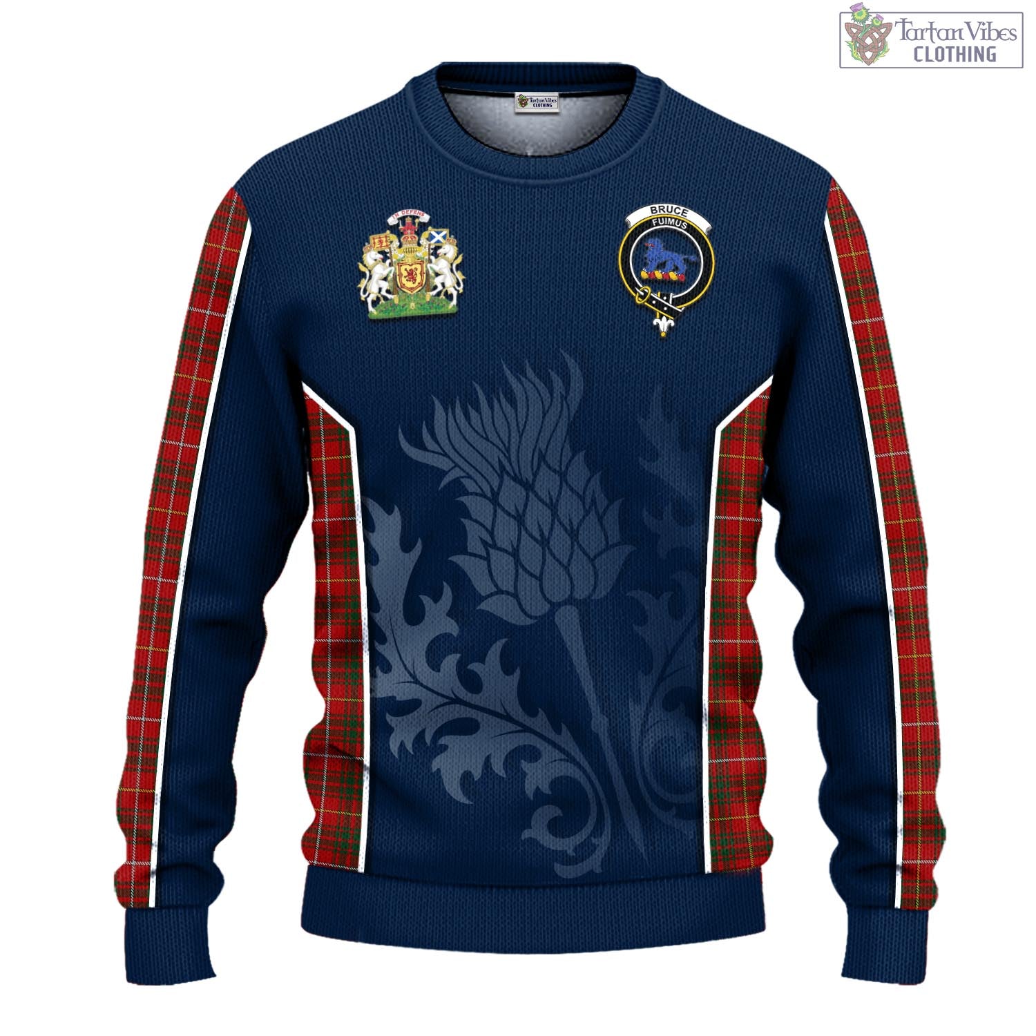 Tartan Vibes Clothing Bruce Tartan Knitted Sweatshirt with Family Crest and Scottish Thistle Vibes Sport Style