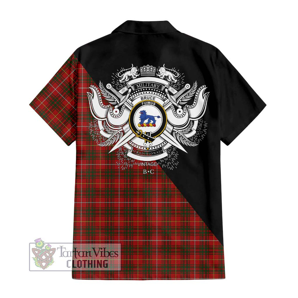 Bruce Tartan Short Sleeve Button Shirt with Family Crest and Military Logo Style - Tartanvibesclothing Shop