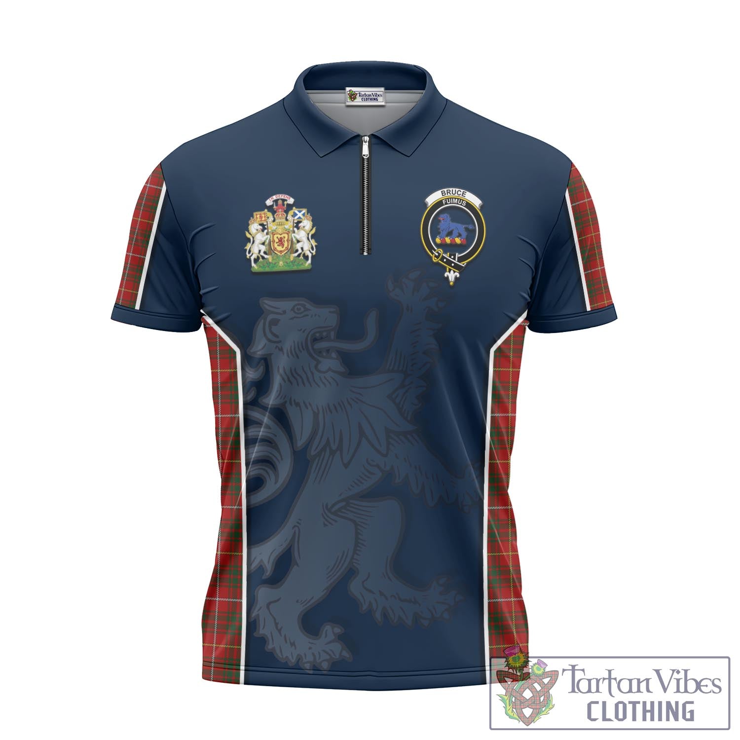 Tartan Vibes Clothing Bruce Tartan Zipper Polo Shirt with Family Crest and Lion Rampant Vibes Sport Style