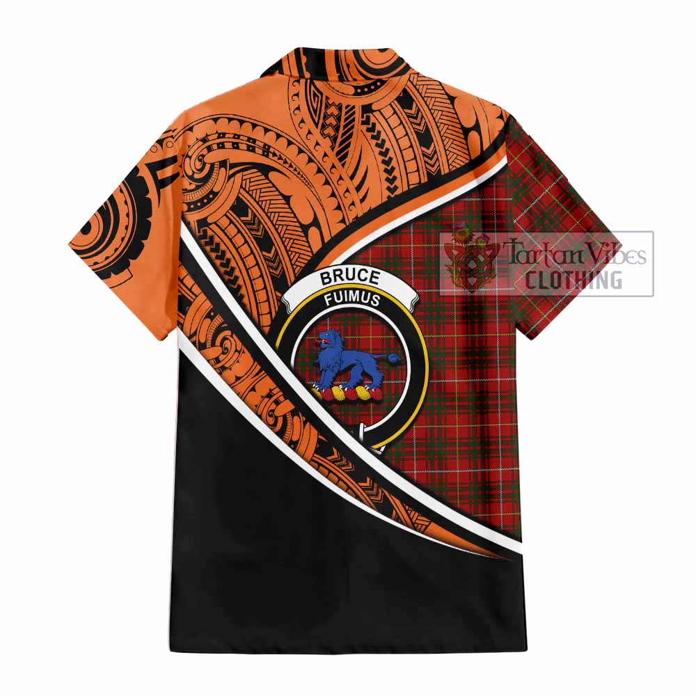 Tartan Vibes Clothing Bruce Crest Tartan Short Sleeve Button Shirt with Maori Tattoo Style - Orange Version