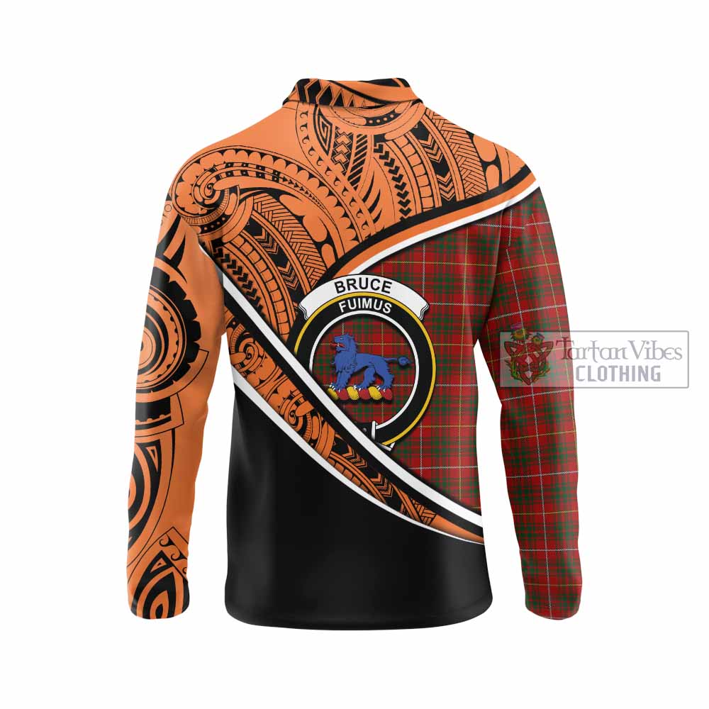 Tartan Vibes Clothing Bruce Crest Tartan Long Sleeve Polo Shirt with Maori Tattoo Style - Orange Version