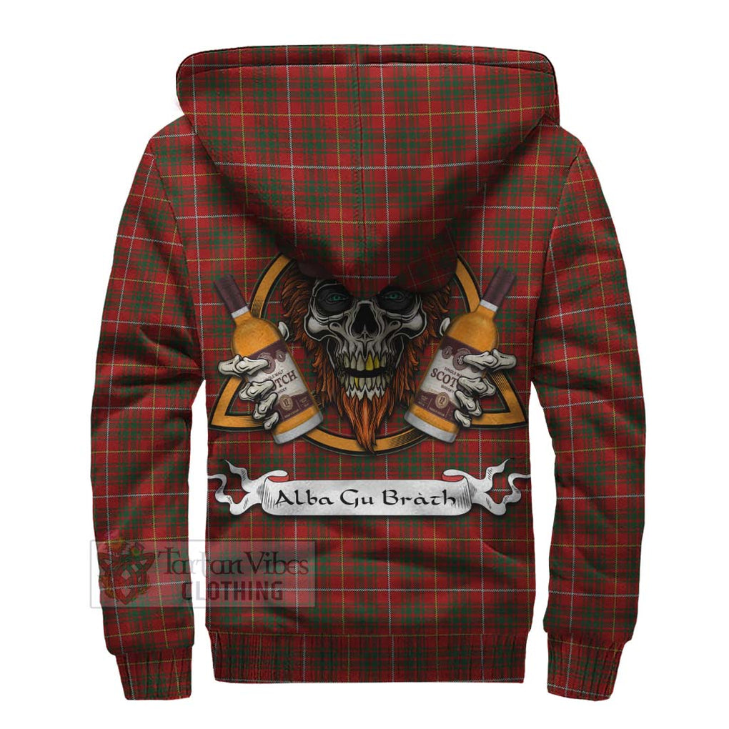 Tartan Vibes Clothing Bruce Tartan Sherpa Hoodie with Family Crest and Bearded Skull Holding Bottles of Whiskey