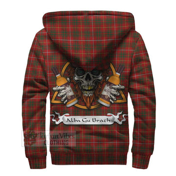 Bruce Tartan Sherpa Hoodie with Family Crest and Bearded Skull Holding Bottles of Whiskey