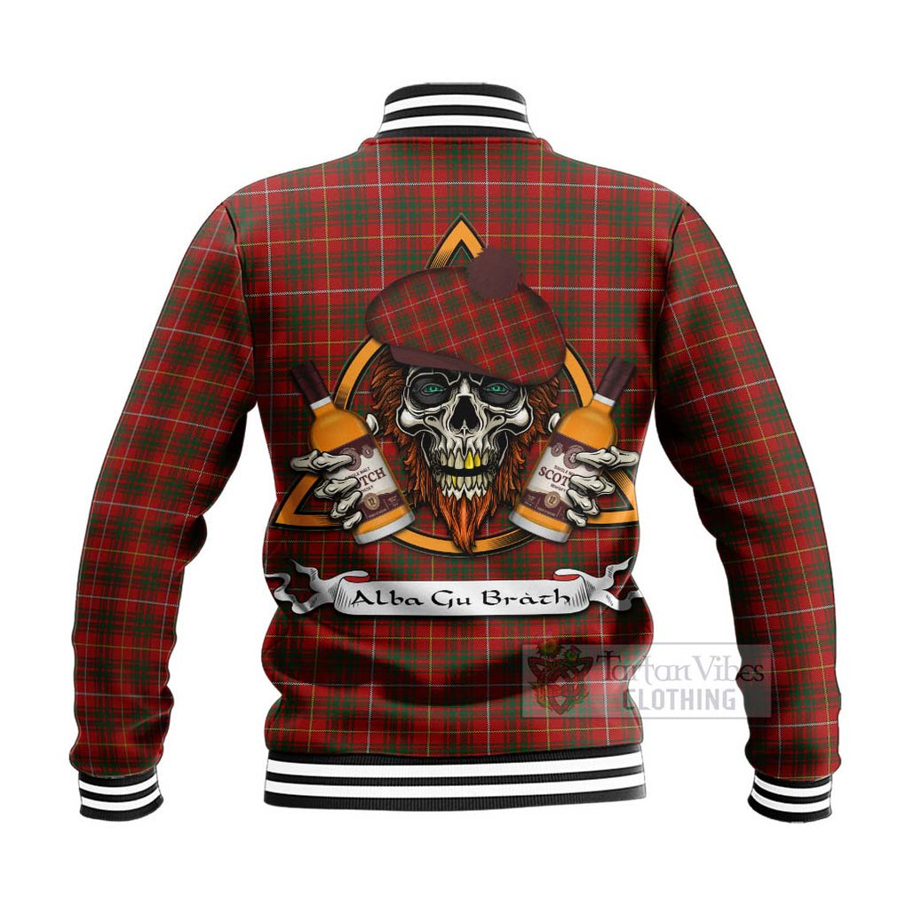 Tartan Vibes Clothing Bruce Tartan Baseball Jacket with Family Crest and Bearded Skull Holding Bottles of Whiskey