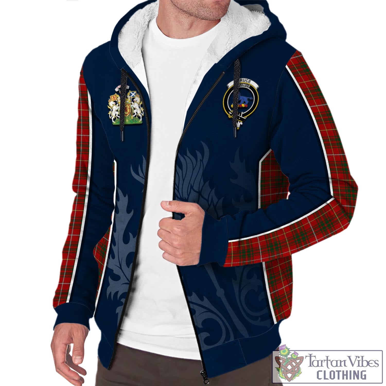 Tartan Vibes Clothing Bruce Tartan Sherpa Hoodie with Family Crest and Scottish Thistle Vibes Sport Style