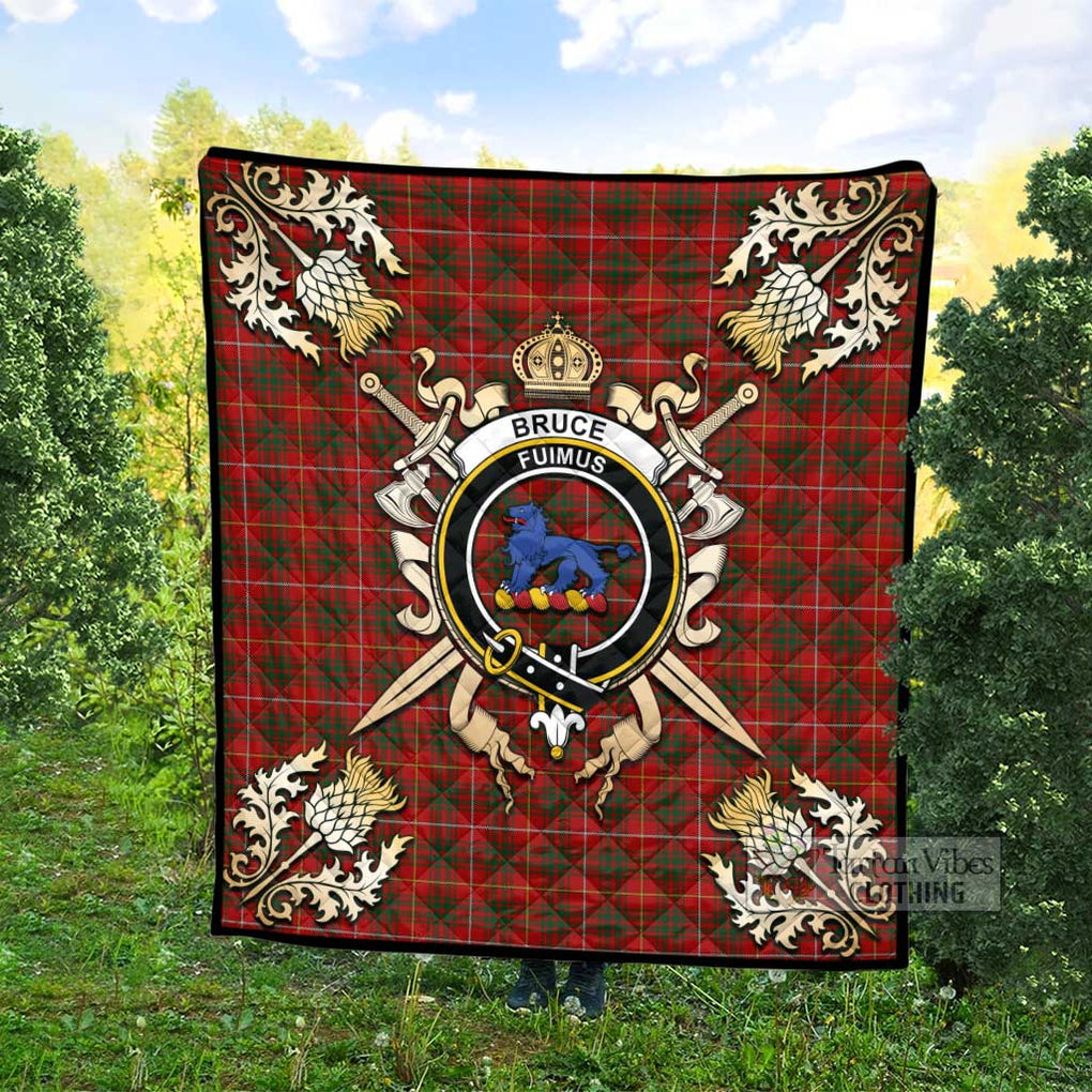 Tartan Vibes Clothing Bruce Tartan Quilt with Family Crest and Scottish Golden Courage Shield