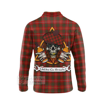 Bruce Tartan Long Sleeve Polo Shirt with Family Crest and Bearded Skull Holding Bottles of Whiskey