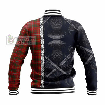 Bruce Tartan Baseball Jacket with Family Crest Cross Sword Thistle Celtic Vibes