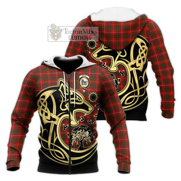 Bruce Tartan Knitted Hoodie with Family Crest Celtic Wolf Style