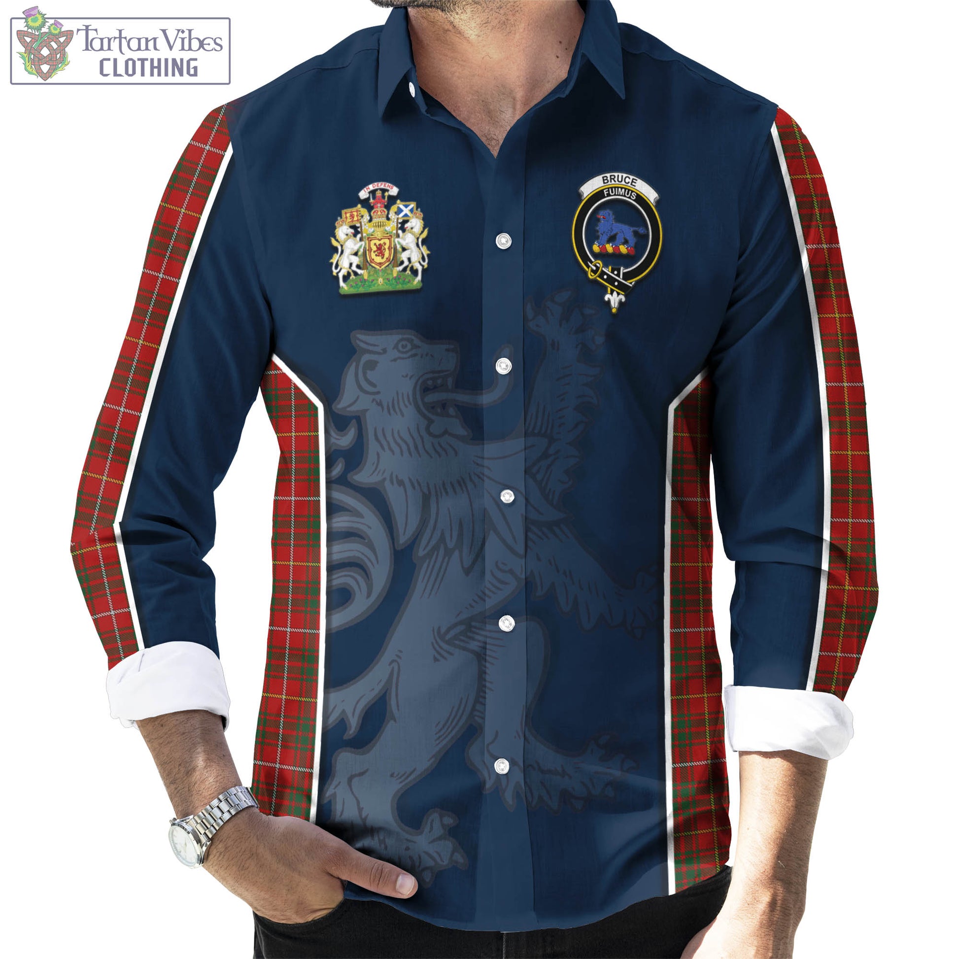 Tartan Vibes Clothing Bruce Tartan Long Sleeve Button Up Shirt with Family Crest and Lion Rampant Vibes Sport Style