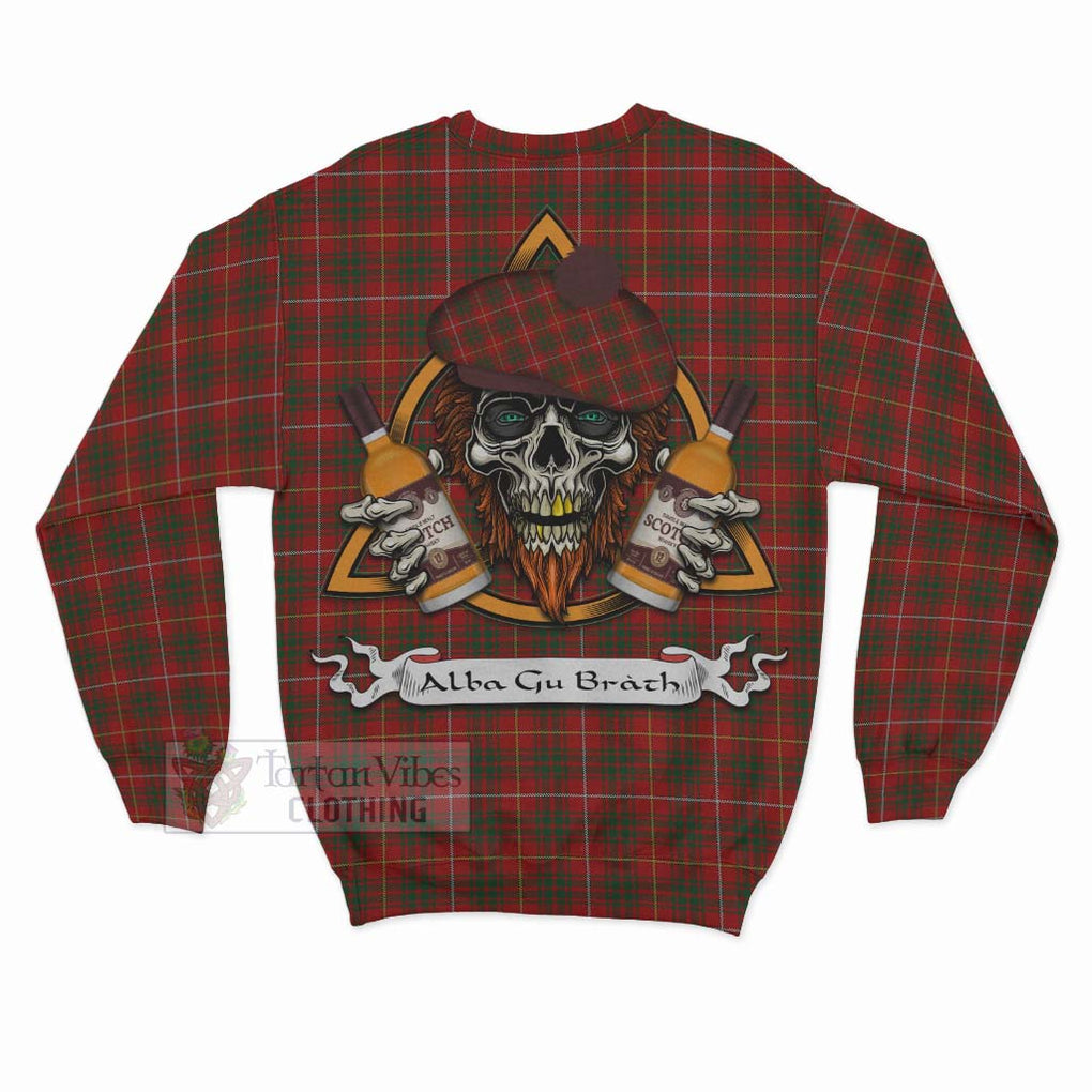 Tartan Vibes Clothing Bruce Tartan Sweatshirt with Family Crest and Bearded Skull Holding Bottles of Whiskey