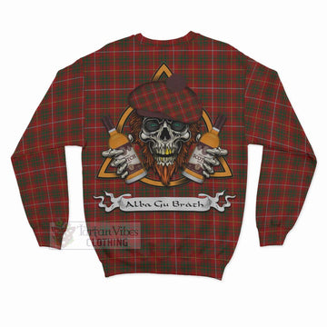 Bruce Tartan Sweatshirt with Family Crest and Bearded Skull Holding Bottles of Whiskey