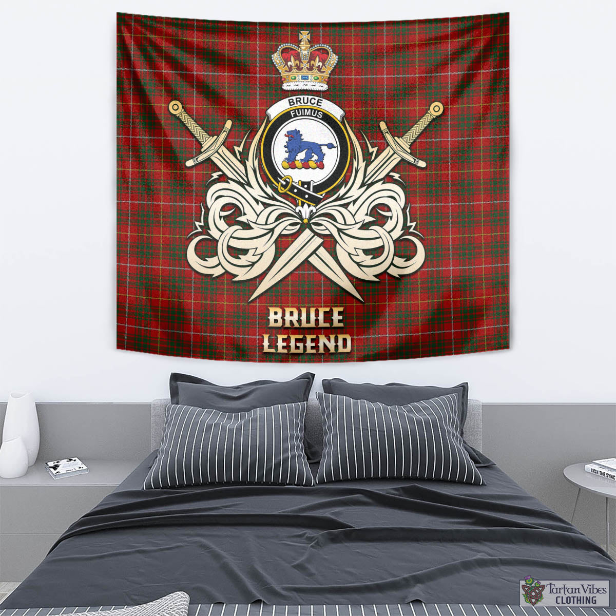 Tartan Vibes Clothing Bruce Tartan Tapestry with Clan Crest and the Golden Sword of Courageous Legacy