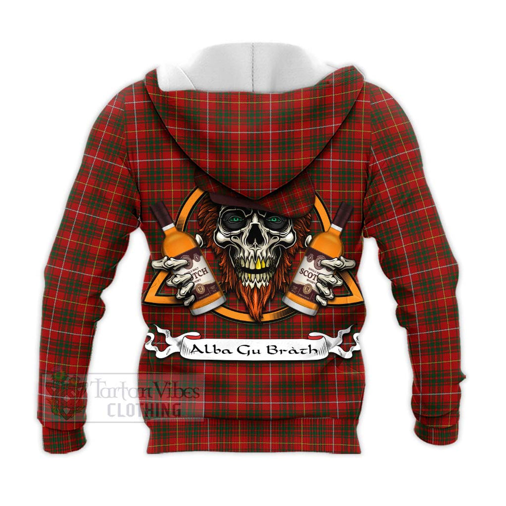 Tartan Vibes Clothing Bruce Tartan Knitted Hoodie with Family Crest and Bearded Skull Holding Bottles of Whiskey