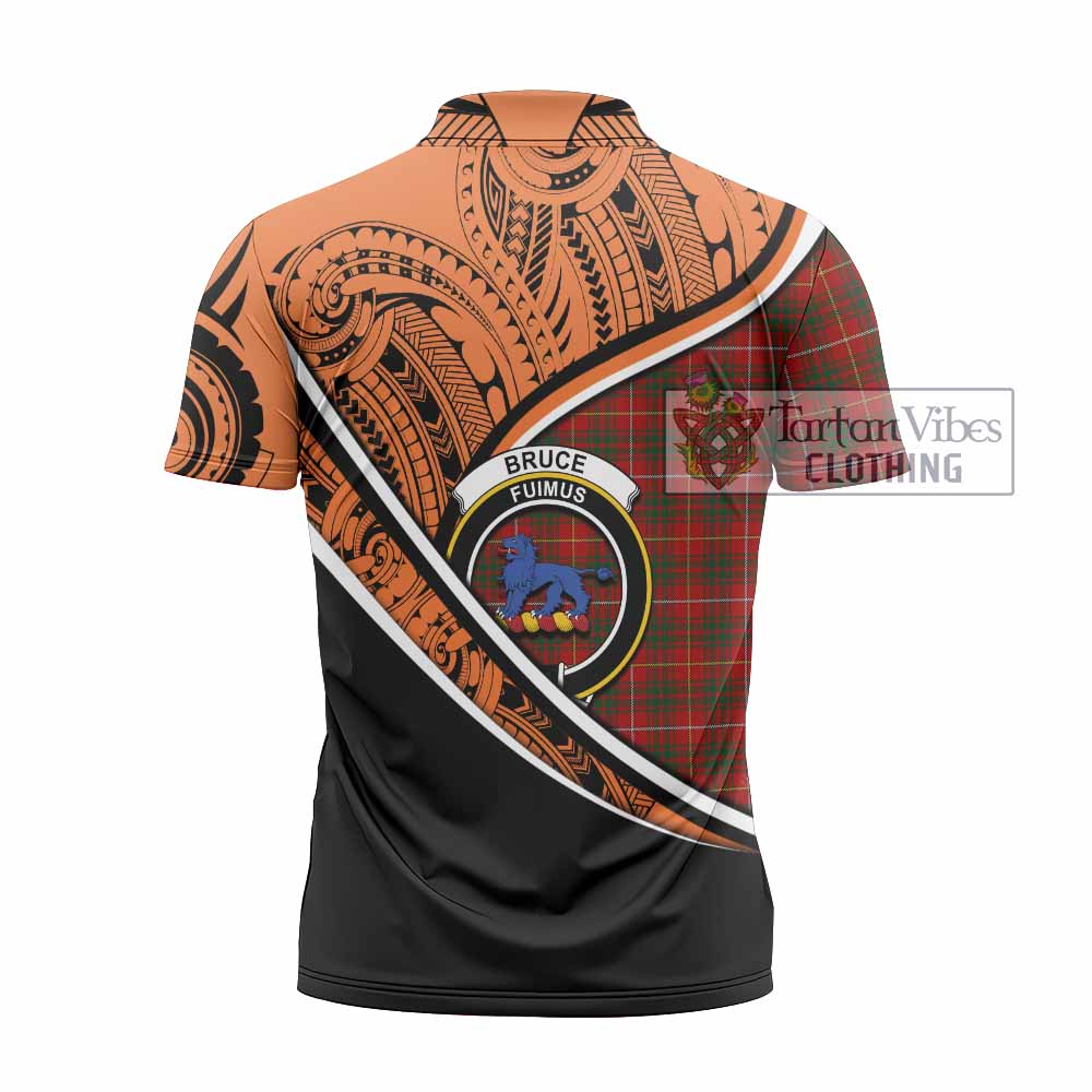 Tartan Vibes Clothing Bruce Crest Tartan Zipper Polo Shirt with Maori Tattoo Style - Orange Version