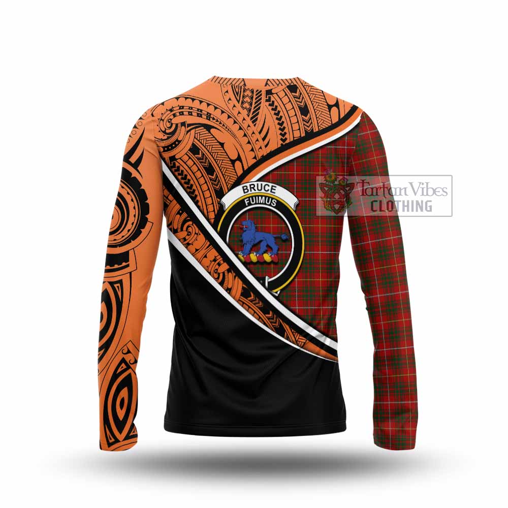 Tartan Vibes Clothing Bruce Crest Tartan Long Sleeve T-Shirt with Maori Tattoo Style - Orange Version