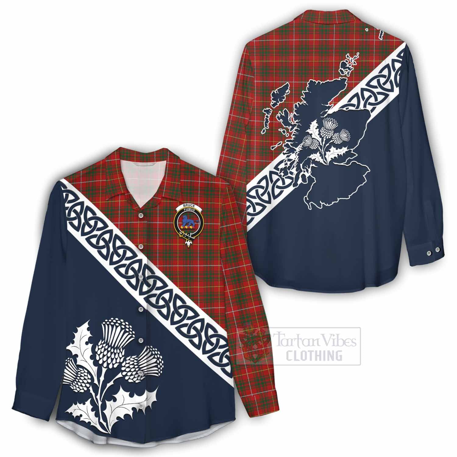 Tartan Vibes Clothing Bruce Tartan Women's Casual Shirt Featuring Thistle and Scotland Map