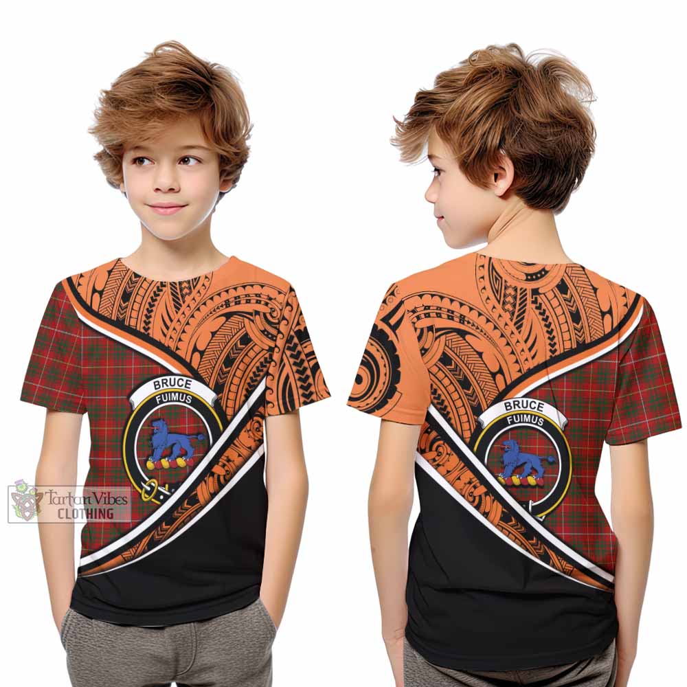 Tartan Vibes Clothing Bruce Crest Tartan Kid T-Shirt with Maori Tattoo Style - Orange Version