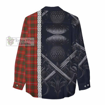 Bruce Tartan Women's Casual Shirt with Family Crest Cross Sword Thistle Celtic Vibes