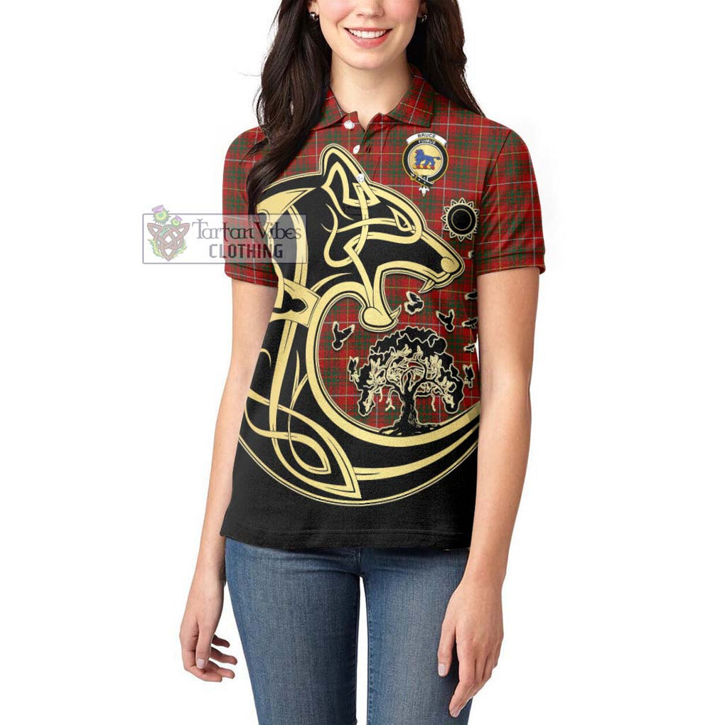 Bruce Tartan Women's Polo Shirt with Family Crest Celtic Wolf Style - Tartanvibesclothing Shop