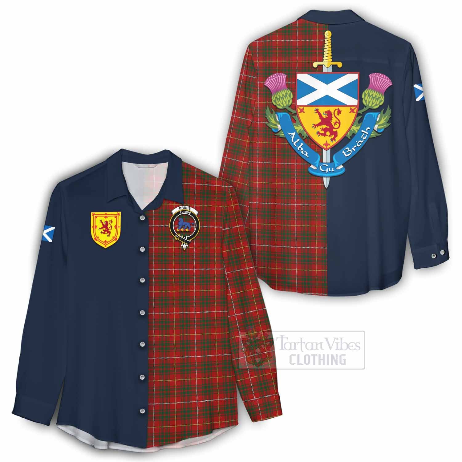 Tartan Vibes Clothing Bruce Tartan Women's Casual Shirt Alba with Scottish Lion Royal Arm Half Style