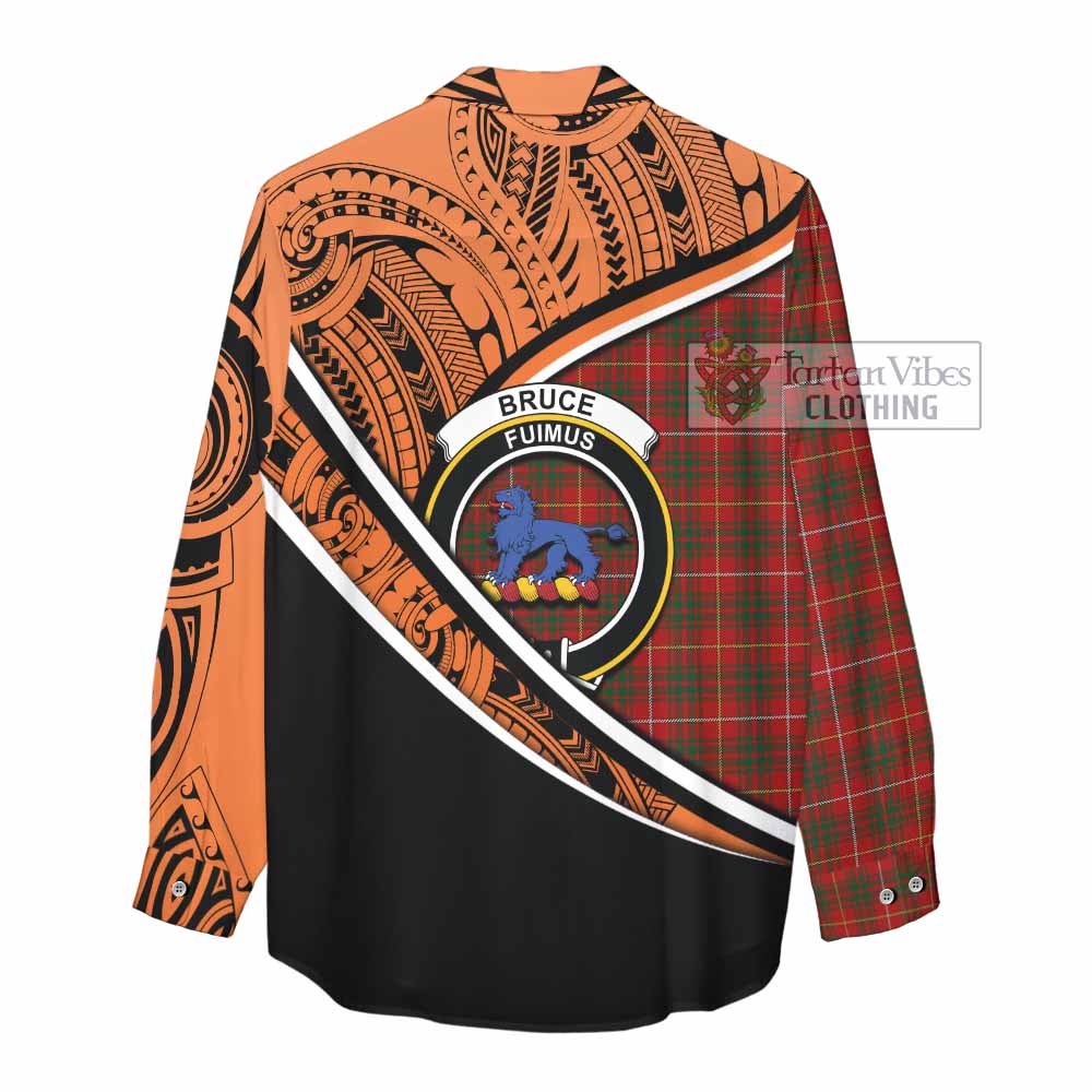 Tartan Vibes Clothing Bruce Crest Tartan Women's Casual Shirt with Maori Tattoo Style - Orange Version