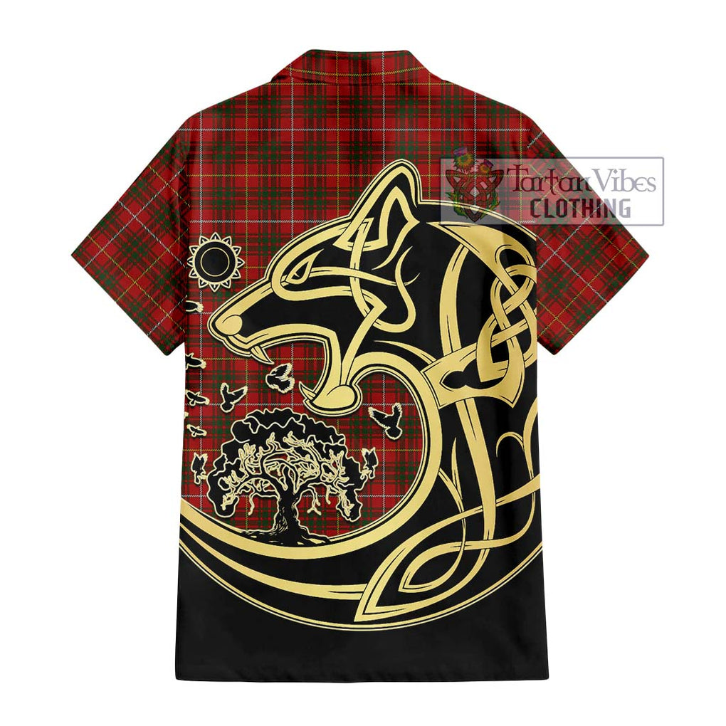 Bruce Tartan Short Sleeve Button Shirt with Family Crest Celtic Wolf Style - Tartan Vibes Clothing