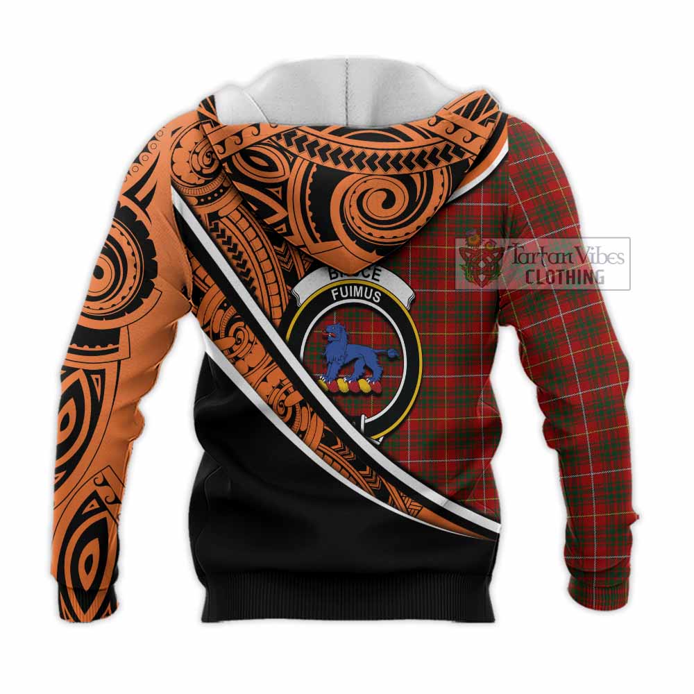 Tartan Vibes Clothing Bruce Crest Tartan Knitted Hoodie with Maori Tattoo Style - Orange Version