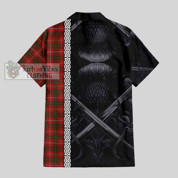 Bruce Tartan Short Sleeve Button Shirt with Family Crest Cross Sword Thistle Celtic Vibes