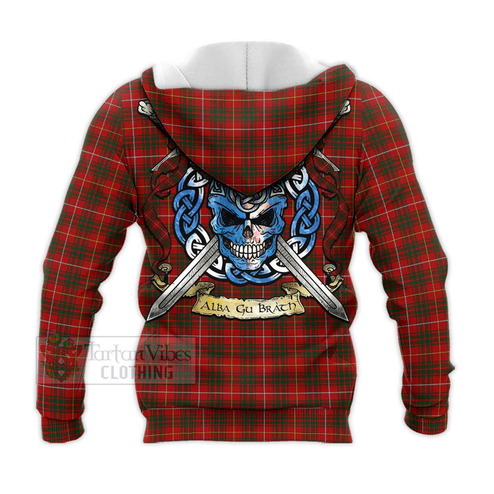 Tartan Vibes Clothing Bruce Tartan Knitted Hoodie with Family Crest Celtic Skull Style