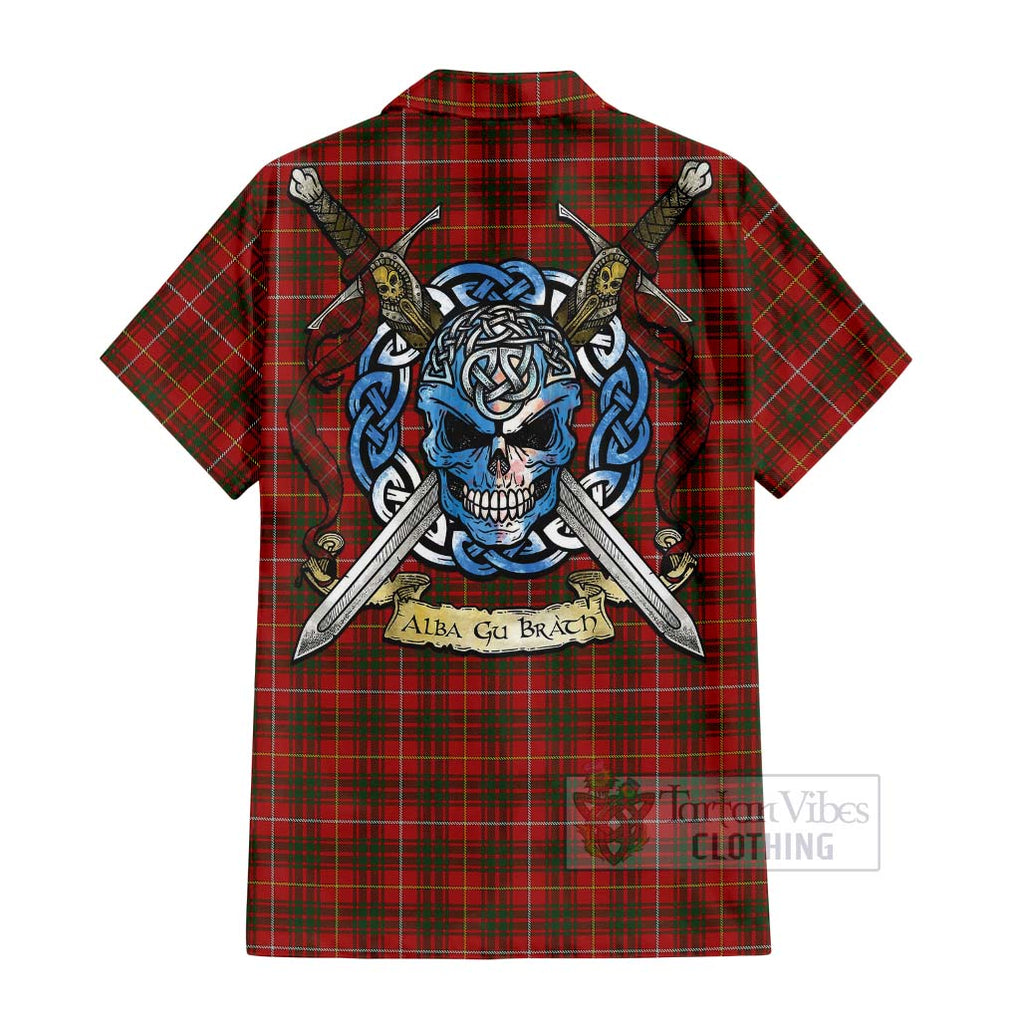 Tartan Vibes Clothing Bruce Tartan Short Sleeve Button Shirt with Family Crest Celtic Skull Style