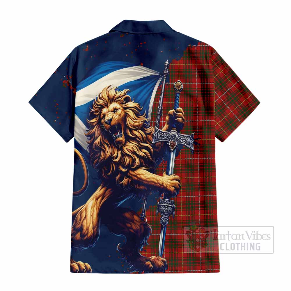 Tartan Vibes Clothing Bruce Tartan Family Crest Short Sleeve Button Shirt with Scottish Majestic Lion