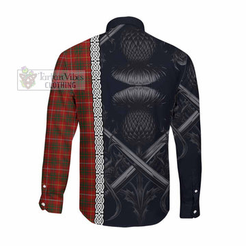 Bruce Tartan Long Sleeve Button Shirt with Family Crest Cross Sword Thistle Celtic Vibes