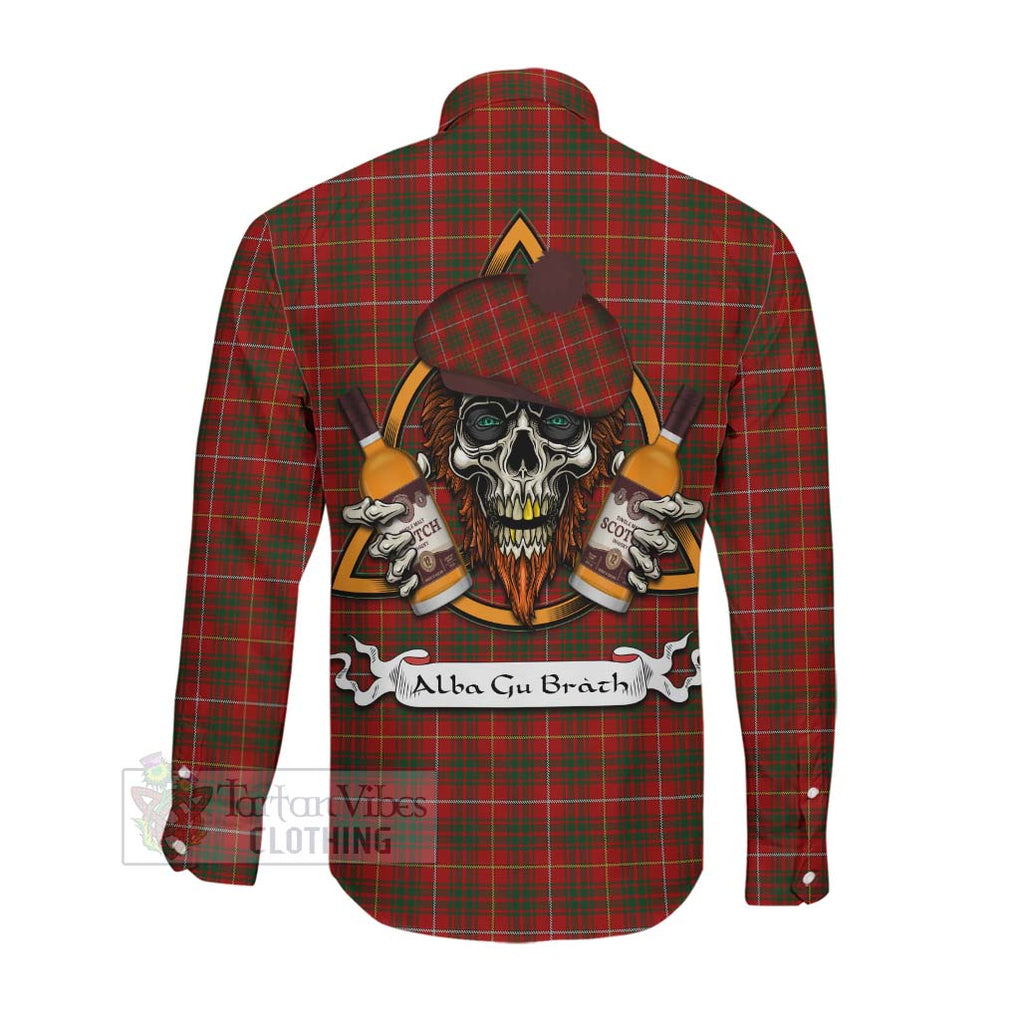 Tartan Vibes Clothing Bruce Tartan Long Sleeve Button Shirt with Family Crest and Bearded Skull Holding Bottles of Whiskey