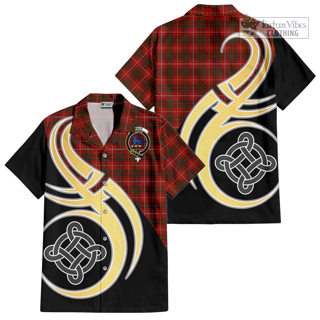 Bruce Tartan Short Sleeve Button Shirt with Family Crest and Celtic Symbol Style - Tartan Vibes Clothing