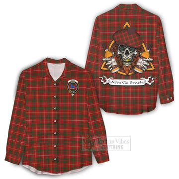 Bruce Tartan Women's Casual Shirt with Family Crest and Bearded Skull Holding Bottles of Whiskey