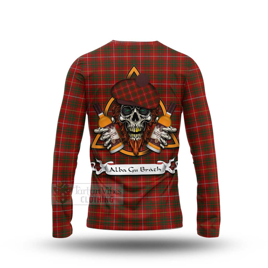 Tartan Vibes Clothing Bruce Tartan Long Sleeve T-Shirt with Family Crest and Bearded Skull Holding Bottles of Whiskey