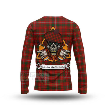 Bruce Tartan Long Sleeve T-Shirt with Family Crest and Bearded Skull Holding Bottles of Whiskey