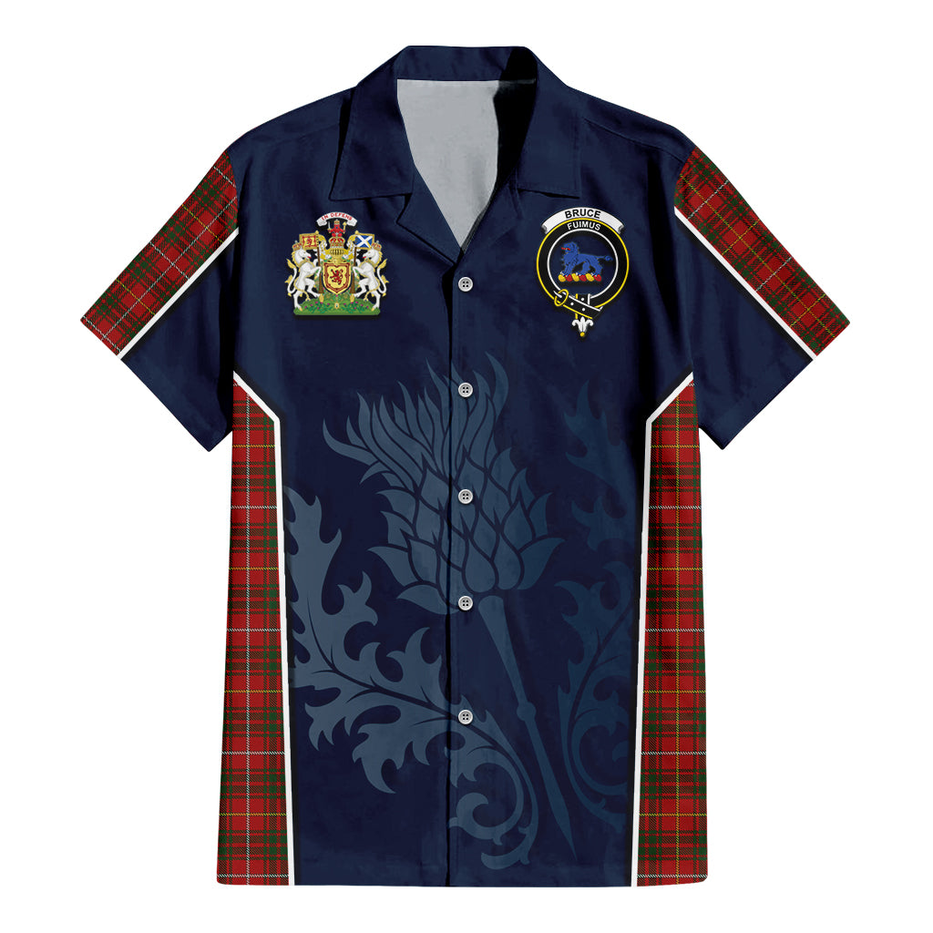 Tartan Vibes Clothing Bruce Tartan Short Sleeve Button Up Shirt with Family Crest and Scottish Thistle Vibes Sport Style