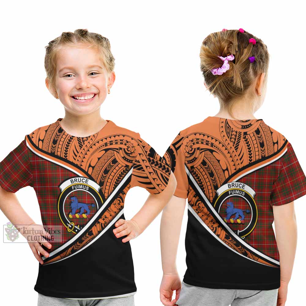 Tartan Vibes Clothing Bruce Crest Tartan Kid T-Shirt with Maori Tattoo Style - Orange Version