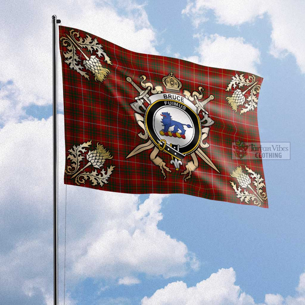 Tartan Vibes Clothing Bruce Tartan Flag with Family Crest and Golden Thistle Crossed Sword Design