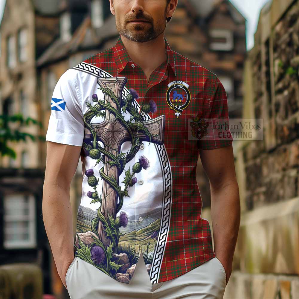 Bruce Tartan Hawaiian Shirt with Family Crest and St. Andrew's Cross Accented by Thistle Vines - Tartan Vibes Clothing
