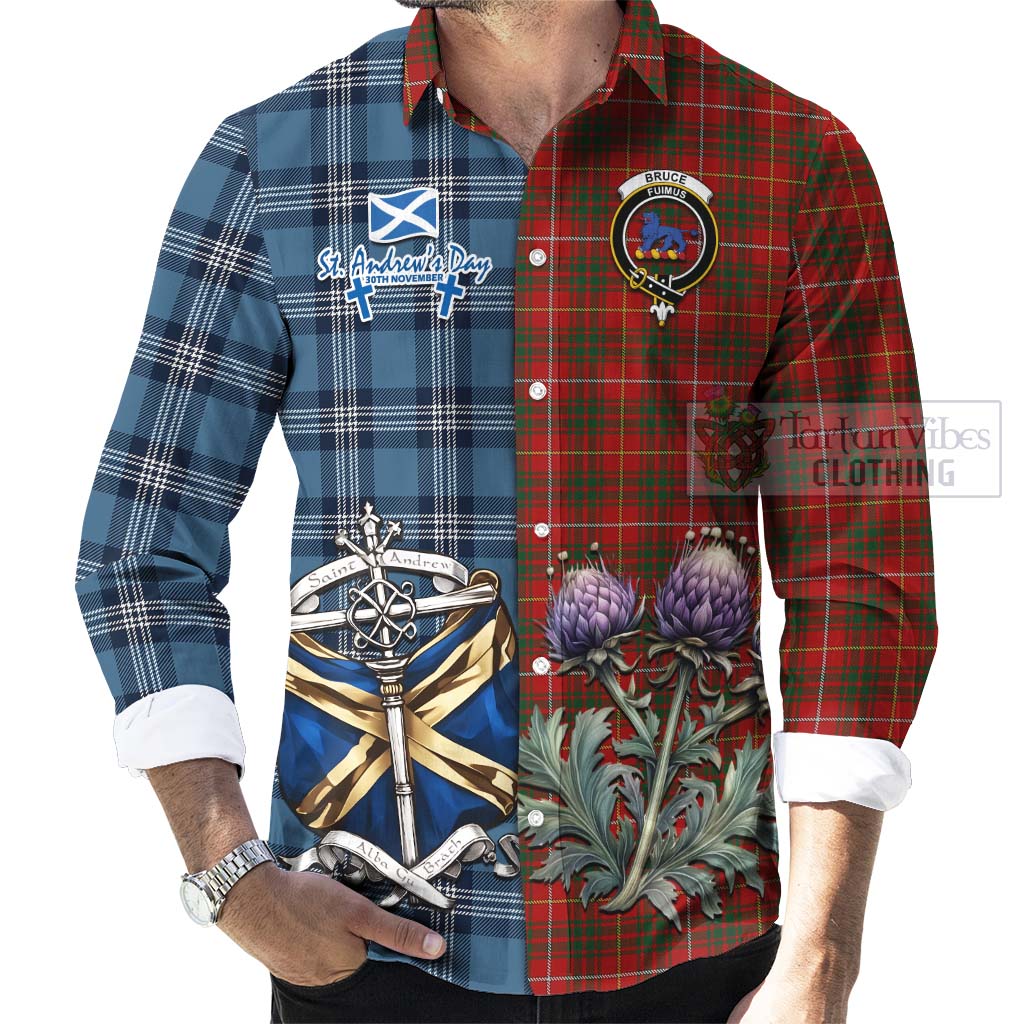 Tartan Vibes Clothing Bruce Tartan Long Sleeve Button Shirt Happy St. Andrew's Day Half Tartan Style