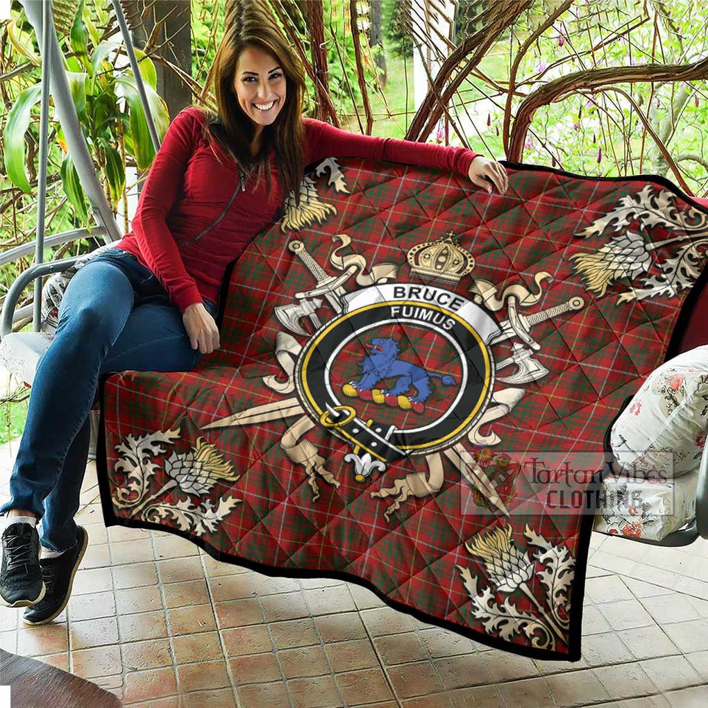 Tartan Vibes Clothing Bruce Tartan Quilt with Family Crest and Scottish Golden Courage Shield