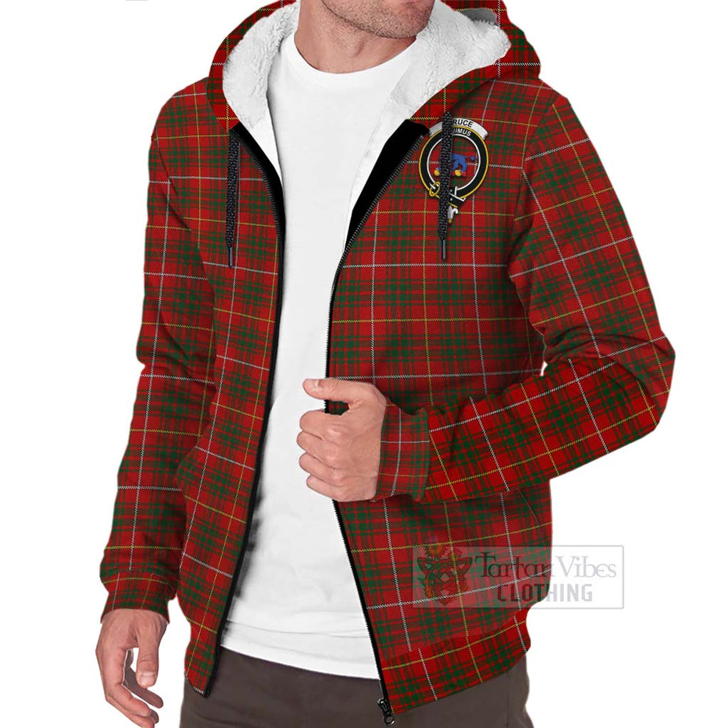 Tartan Vibes Clothing Bruce Tartan Sherpa Hoodie with Family Crest and Bearded Skull Holding Bottles of Whiskey